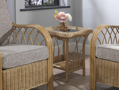 Desser Viola Light Oak Natural Rattan Lamp Table With Glass Top Real Cane Wicker Side Table - H57Cm X W47Cm X D47Cm
