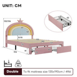 Btm 4Ft6 Double Upholstered Velvet Bed With Storage Drawer Rainbow Crown Headboard Pink - thumbnail 7