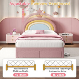 Btm 4Ft6 Double Upholstered Velvet Bed With Storage Drawer Rainbow Crown Headboard Pink - thumbnail 4
