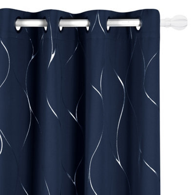 Deconovo Eyelet Blackout Curtains, Thermal Insulated Silver Wave Line Foil Printed Curtains, W46 X L90 Inch, Navy Blue, One Pair - image 1