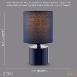 Happy Homewares Modern Midnight Blue Glossy Table Lamp With Cotton Fabric Shade - thumbnail 6