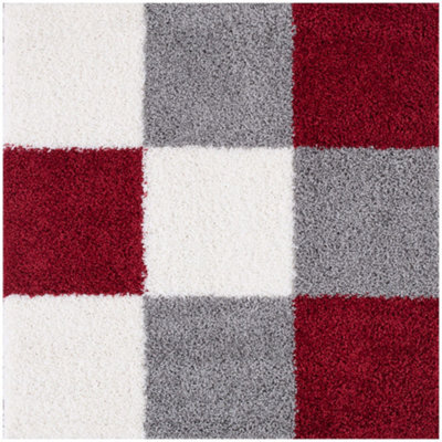 The Rugs Red Grey And Ivory Soft Checkerboard Design Fluffy Shaggy Rugs And Runners High Pile Living Room Kitchen Hallway 381 - image 1