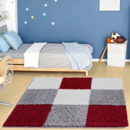The Rugs Red Grey And Ivory Soft Checkerboard Design Fluffy Shaggy Rugs And Runners High Pile Living Room Kitchen Hallway 381 - thumbnail 2