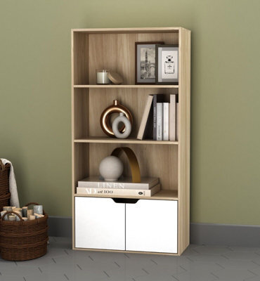 Urbn-Living Urbnliving Height 118Cm 4 Tier Wooden Bookcase Cupboard With Doors Storage Shelving Display Colour Oak Door White Cabinet Unit - image 1