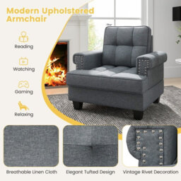 Gainoom Grey Modern Home Accent Armchair Tufted Upholstered Linen Club Chair W/ Extra Pillow - thumbnail 8