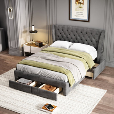 Matteo Grey Snowflake Fleece Upholstered 4Ft6 Double Storage Bed With 4 Drawers & Soft Headboard - image 1