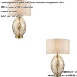 Loops 2 Pack Champagne Lustre Glass Table Lamp - Vintage White Fabric Shade - Dimmable 10W Led E27 - thumbnail 2