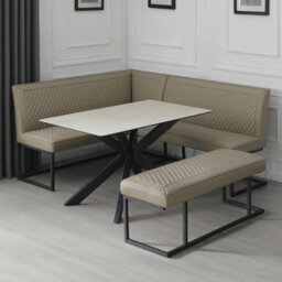 Xample Indus Valley Arden Ceramic Dining Table Set Corner Bench Low Bench Black Iron Base Taupe Seating 6 Seater Dining Set - thumbnail 1