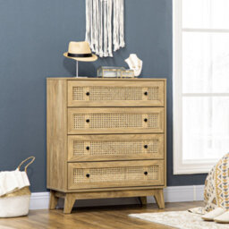 Homcom Chest Of Drawers, 4 Drawer Unit Storage Organiser With Rattan Element
