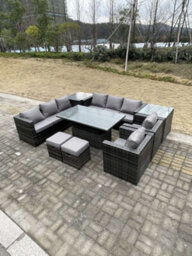 Fimous 9 Seater Rattan Garden Furniture Set Adjustable Rising Lifting Dining Table Side Table Chairs Stools Dark Grey Mixed - thumbnail 3