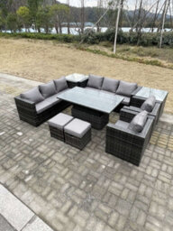 Fimous 9 Seater Rattan Garden Furniture Set Adjustable Rising Lifting Dining Table Side Table Chairs Stools Dark Grey Mixed - thumbnail 2