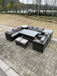 Fimous 9 Seater Rattan Garden Furniture Set Adjustable Rising Lifting Dining Table Side Table Chairs Stools Dark Grey Mixed
