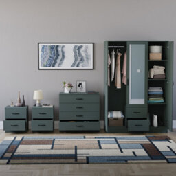 Lassic Vida Designs Riano 4 Piece Bedroom Set (2 Drawer Bedside Chest, 4 Drawer Chest, 3 Door 2 Drawer Mirrored Wardrobe), Green - thumbnail 2