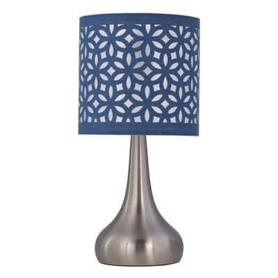 First Choice Lighting Romana - Brushed Chrome Touch Table Lamp With Navy Blue Laser Cut - image 1
