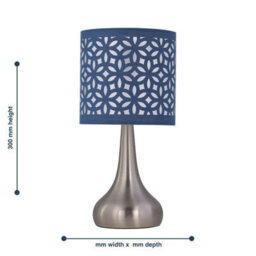 First Choice Lighting Romana - Brushed Chrome Touch Table Lamp With Navy Blue Laser Cut - thumbnail 6