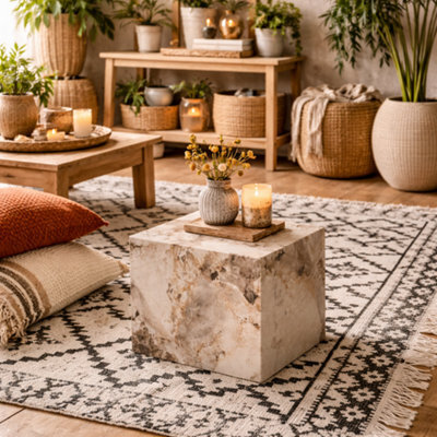 Wyld Haus Dingle Pandora Brown Marble Effect Side Table, Sculptural Cube 400mm - image 1