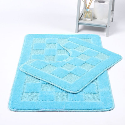 Homes & Linen Bath Mat & Pedestal Set 2 Piece Squares Aqua Non Slip Bathroom Toilet Rug Bath Mats Set