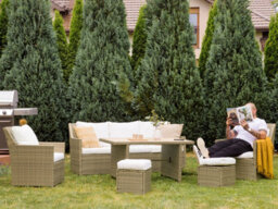 Beliani Garden Lounge Set With Table And Ottoman 5 Seater Fonti With Cushions Pe Rattan Brown - thumbnail 2