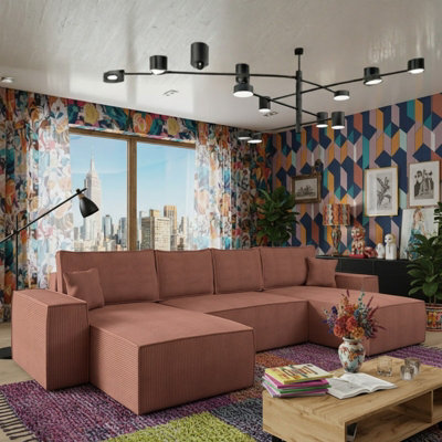 Malaga U Mdf Corner Sofa Bed With Dl Pull Out Seat Storage For Living Room Freestanding Back 370X181X94Cm Pink Corduroy - image 1