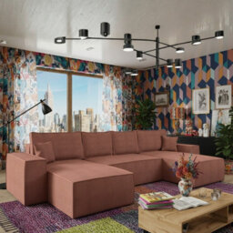 Malaga U Mdf Corner Sofa Bed With Dl Pull Out Seat Storage For Living Room Freestanding Back 370X181X94Cm Pink Corduroy - thumbnail 1