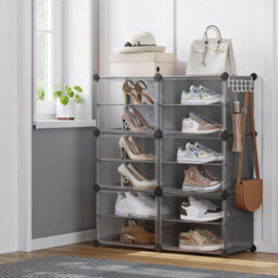 Compact Shoe Cabinet, Modular Plastic Storage Unit, Interlocking Organizer With Doors, Steel Frame, Slate Grey