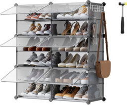 Songmics Compact Shoe Cabinet, Modular Plastic Storage Unit, Interlocking Organizer With Doors, Steel Frame, Slate Grey - thumbnail 6