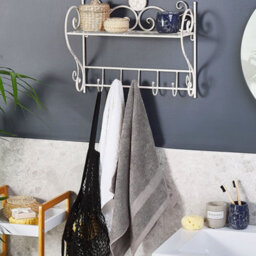 Beliani Heritage Home Distressed White Iron Wall Shelf With 5 Hooks, 42 X 47 Cm - thumbnail 1