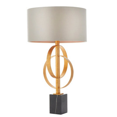 Antique Gold Table Lamp & Mink Satin Shade - Black Marble Base Desk Light - image 1