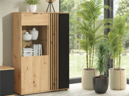 Impact Furniture Glass Display Cabinet Buffet Unit Ribbed Fluted Black And Oak With Slats Vabres