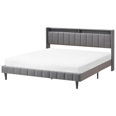 Beliani Bed With Led Fabric Beaulieu 180 X 200 Cm (Eu Super King) With Usb Port With Storage Dark Grey - image 1