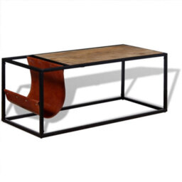 Berkfield Coffee Table With Genuine Leather Magazine Holder 110X50X45 Cm - thumbnail 4