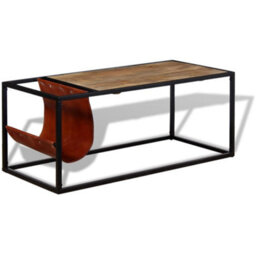 Berkfield Coffee Table With Genuine Leather Magazine Holder 110X50X45 Cm - thumbnail 5