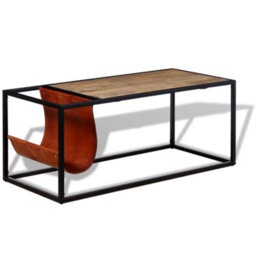 Berkfield Coffee Table With Genuine Leather Magazine Holder 110X50X45 Cm - thumbnail 2