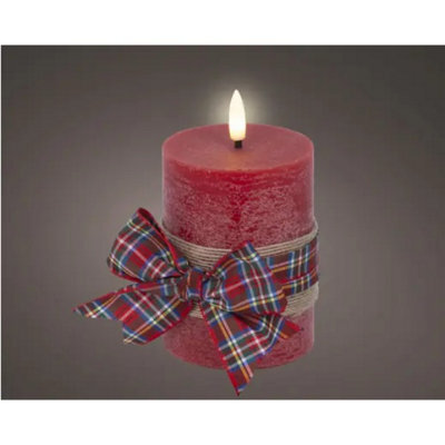 Kaemingk Led Wick Candle Wax Check Bow Decoration Steady Light Indoor Decoration Red & Warm White - D.7.5Cm H.13Cm - image 1