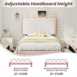 Abrihome Pink & Cream White Velvet Single Bed With Led Wavy Headboard, 2 Drawers & Wood Slats, Easy Assembly - thumbnail 4