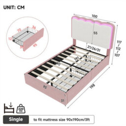 Abrihome Pink & Cream White Velvet Single Bed With Led Wavy Headboard, 2 Drawers & Wood Slats, Easy Assembly - thumbnail 6