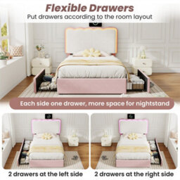 Abrihome Pink & Cream White Velvet Single Bed With Led Wavy Headboard, 2 Drawers & Wood Slats, Easy Assembly - thumbnail 3