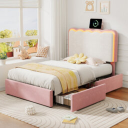 Abrihome Pink & Cream White Velvet Single Bed With Led Wavy Headboard, 2 Drawers & Wood Slats, Easy Assembly