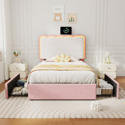 Abrihome Pink & Cream White Velvet Single Bed With Led Wavy Headboard, 2 Drawers & Wood Slats, Easy Assembly - thumbnail 8
