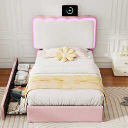 Abrihome Pink & Cream White Velvet Single Bed With Led Wavy Headboard, 2 Drawers & Wood Slats, Easy Assembly - thumbnail 9