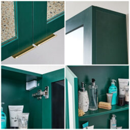 Homestylestore 900 X 650mm Dark Green Wall Mounted Mirrored Door Bathroom Cabinet And Brushed Brass Finger Pull Handles - thumbnail 3