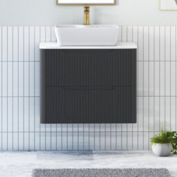 Royal Bathrooms Avenza 600mm Matt Obsidian Black Wall Hung Bathroom Countertop Vanity Unit 2 Drawer With Cube Basin - thumbnail 1