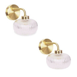 Valuelights Amaia Pair Of Brushed Gold Ip44 Rated Single Clear Ribbed Glass Wall Lights