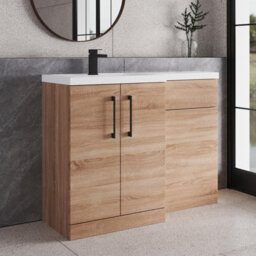 Balterley Left-Hand Bathroom Vanity And Wc Unit Combination With Basin - 1100mm - Woodgrain Light Oak With Black Handles - thumbnail 4