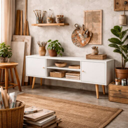 Wyld Haus Vido 120Cm Tozi White Tv Cabinet With Wooden Legs, Open Shelves And Cupboards - Fits Tvs Up To 55 Inches - thumbnail 1