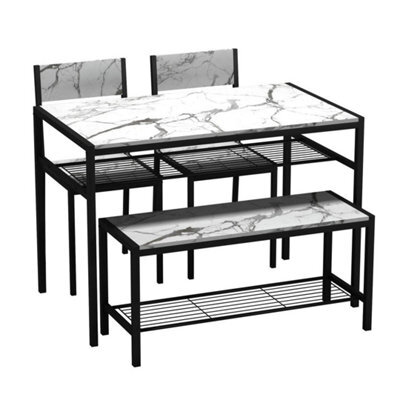 4 Pcs Set Dining Room Table Metal Frame With 2 Matching Chairs And Bench Kitchen White Marble - image 1