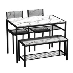 4 Pcs Set Dining Room Table Metal Frame With 2 Matching Chairs And Bench Kitchen White Marble