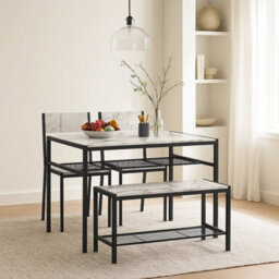 4 Pcs Set Dining Room Table Metal Frame With 2 Matching Chairs And Bench Kitchen White Marble - thumbnail 3