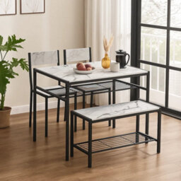 4 Pcs Set Dining Room Table Metal Frame With 2 Matching Chairs And Bench Kitchen White Marble - thumbnail 5