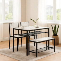 4 Pcs Set Dining Room Table Metal Frame With 2 Matching Chairs And Bench Kitchen White Marble - thumbnail 4